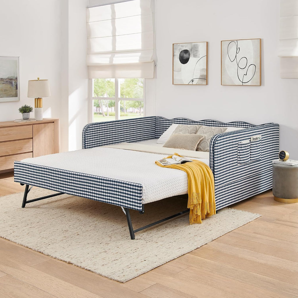 Gingham Daybed with Pop-up Trundle and Side Storage Pockets /Guest Room, Full Size 3-in-1 Convertible Upholstered
