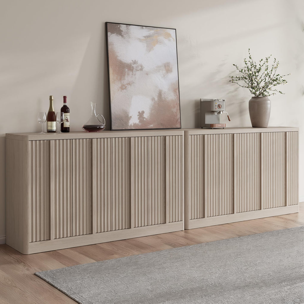 Fluted Buffet Cabinet with Storage, 120" Sideboard Buffet Storage Cabinet with 8 Doors & Solid Wood Handle, Coffee