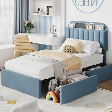 Twin Bed Frame for Kids, Boucle Upholstered Platform Bed for Boys with 2 Flexible Drawers, Bookcase Headboard