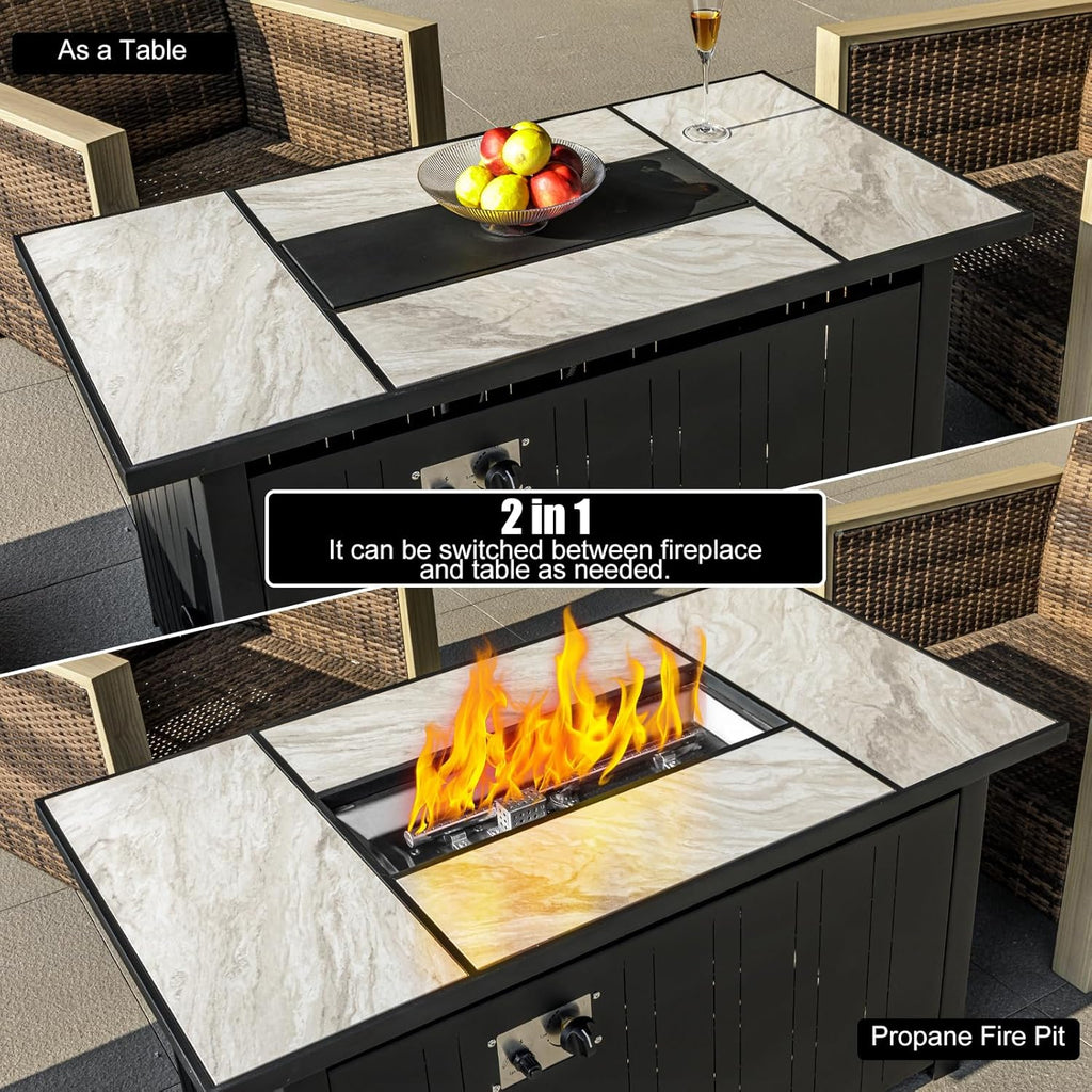 47" Propane Fire Pit Table with Real Ceramic Tabletop, 50000 BTU Gas Firepit Table with Lid & Lava Stones