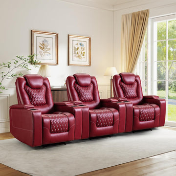 Power Recliner Chair Set of 3, Electric Soft Leather Reclining Home Theater Seating - USB Ports, Cup Holders, Hidden Arm Storage Movie & Media Room Chairs (Red)