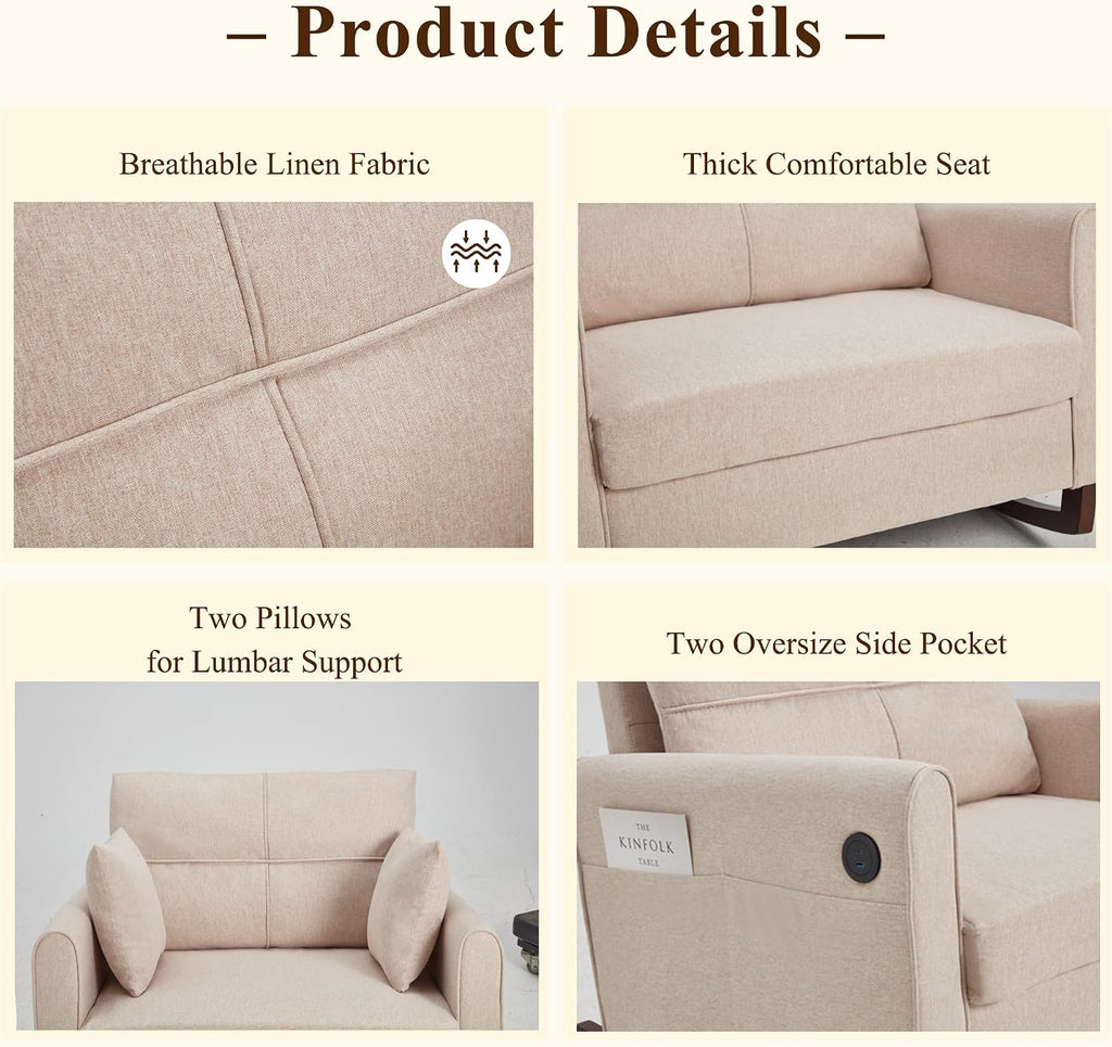 Upholstered Oversize Rocking Chair, Nursery Rocking Chair with High Back and Side Pocket USB Port, Double Wide Rocker