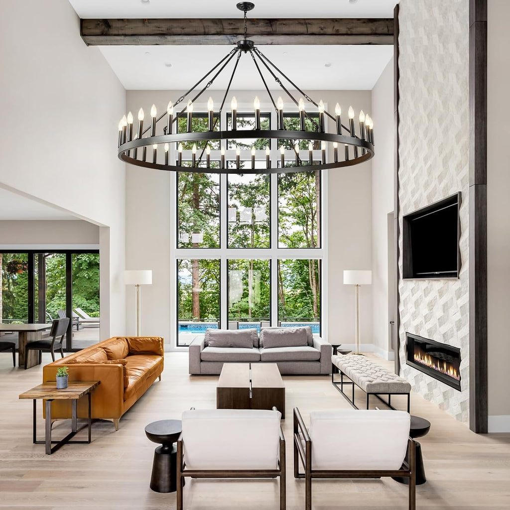 Inspired Camino Style Chandelier - 64 Inch Extra Large Black Wagon Wheel Chandelier 42-Light Farmhouse Wagon Wheel Chandeliers Round Industrial Ceiling Light fixtures for Outdoor Porch high Ceilings Living Dining Room Foyer Entryway