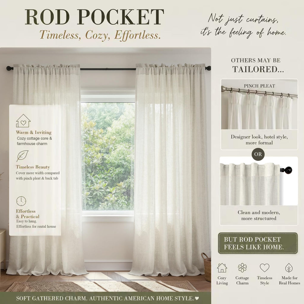 60 Inch Wide Natural Linen Curtains Light Reducing Sheer Large Window Curtain Panels Set of 2 Total Width 120 x 90