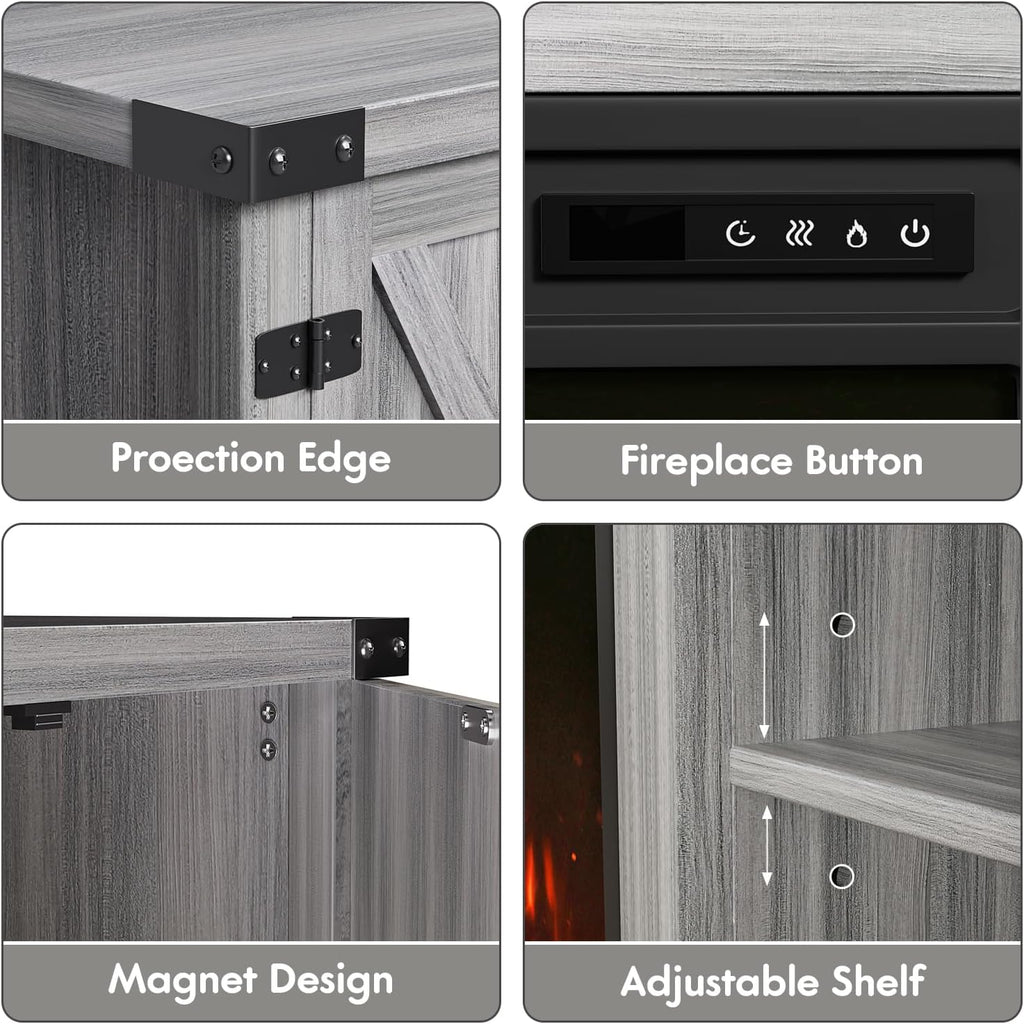Fireplace TV Stand with Two Barn Doors and Storage Cabinets for Televisions up to 65+ Inch, Entertainment Center