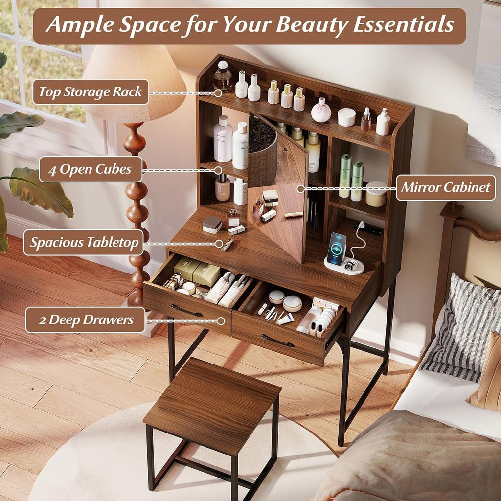 Vanity Desk with Mirror and Stool, Industrial Dressing Table with Power Outlet, 4 Shelves, 2 Storage Drawers, Bedroom