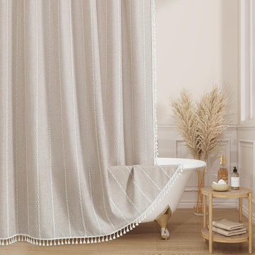 Boho Farmhouse Fabric Shower Curtain, Tan Brown Modern Polyester Linen Shower Curtains for Vintage Rustic Bathroom