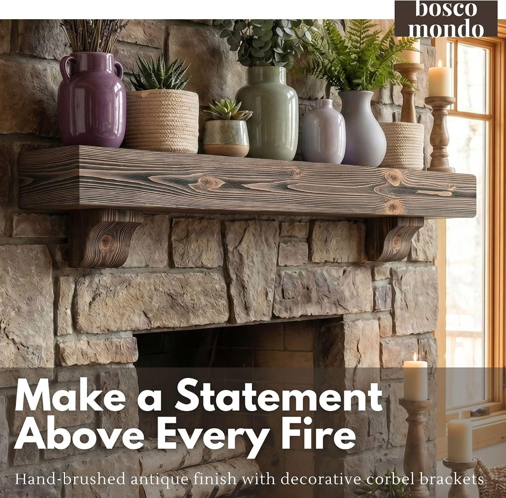 Shelf with Corbels - Rustic Farmhouse Wooden Mantel, Solid Pine Floating Mantel Shelf for Wall, Decorative for Living