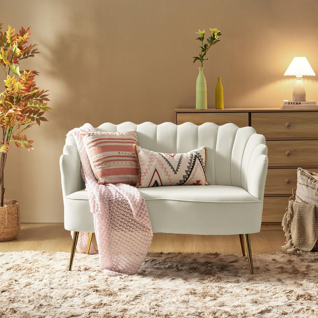 Modern Loveseat Sofa with Flower Shaped Backrest, Ivory