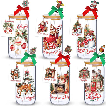6 Set Christmas Glasses Cups 16 oz Xmas Drink Cup with Lid Straw and Stopper Can Shaped Beer Tumbler Xmas