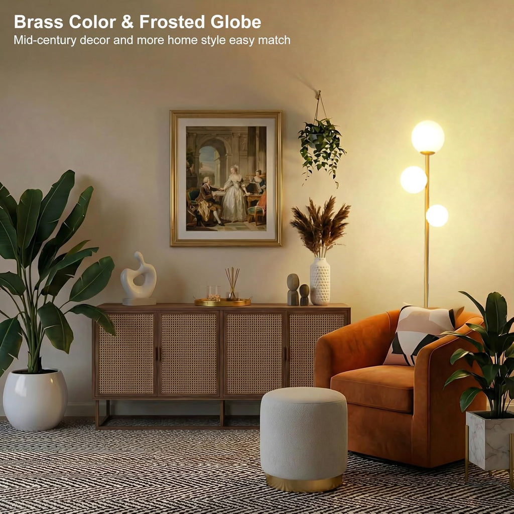 3 Globe Floor Lamp Mid Century Modern, Gold Standing Lamp with Frosted Glass Shade & LED Bulbs