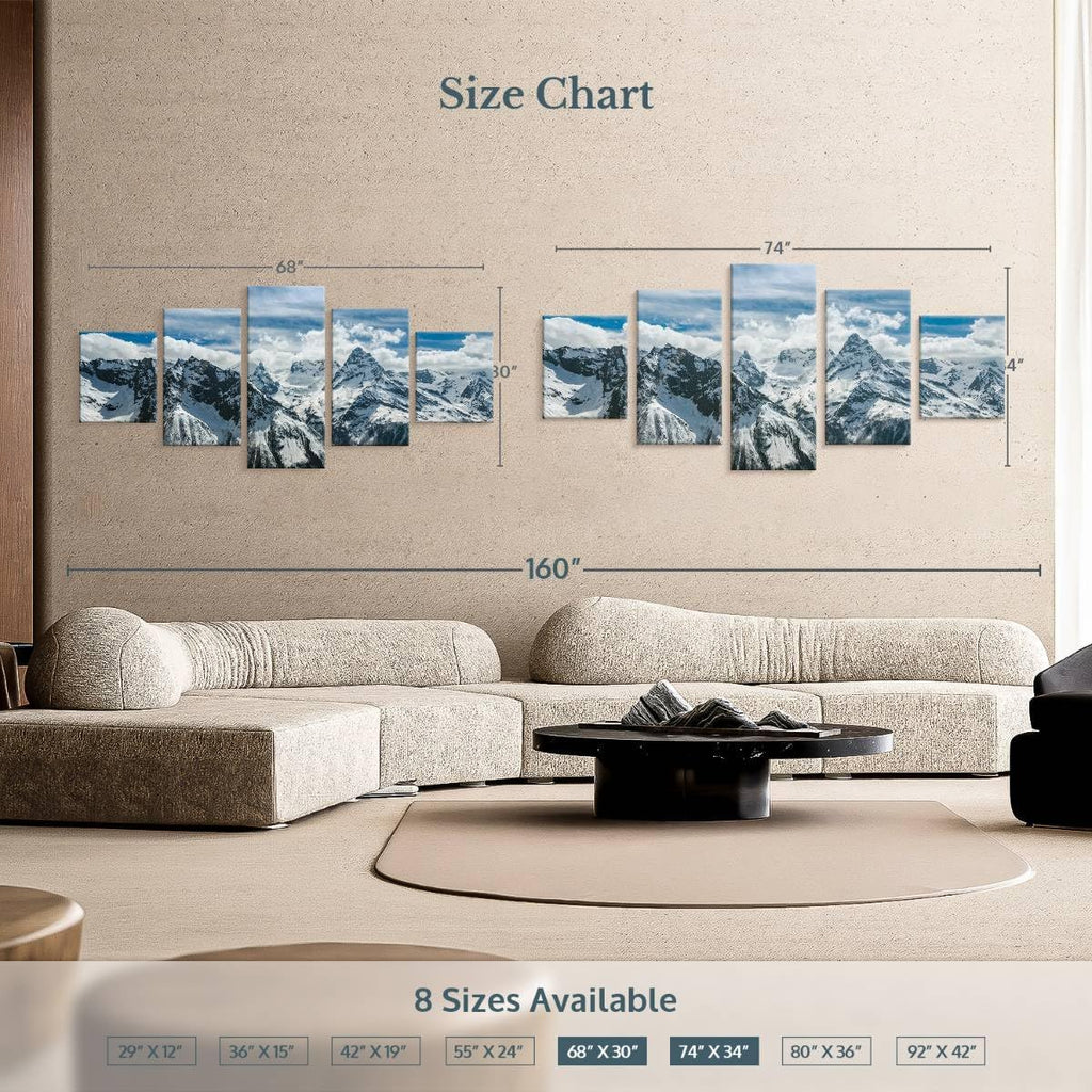 Rocky Mountains Wall Art Multi Piece Canvas - 5 Panel Nature Wall Decor - Snowy Scenery of the Pine Forest and