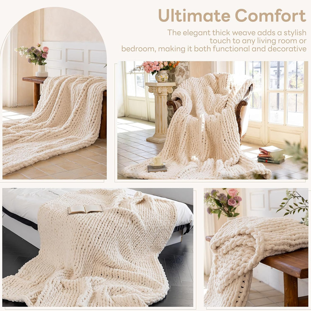Chunky Knit Blanket - Luxury Soft Cozy 60 * 80 Throw Blanket, 100% Handmade Chenille Yarn Woven Blanket, Gift