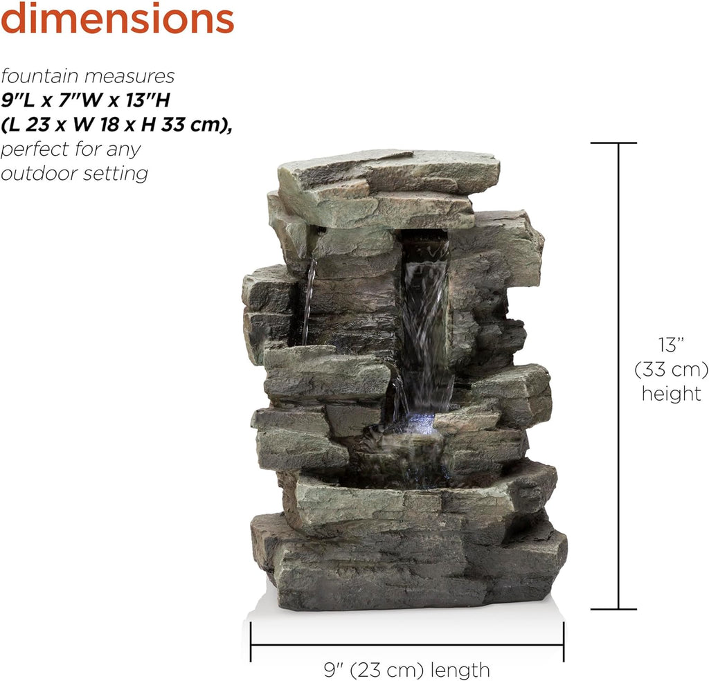 13" Tall Indoor Tabletop Water Fountain, 4 Tier Cascading Water Feature with LED Lights, or Zen Decor, Gray