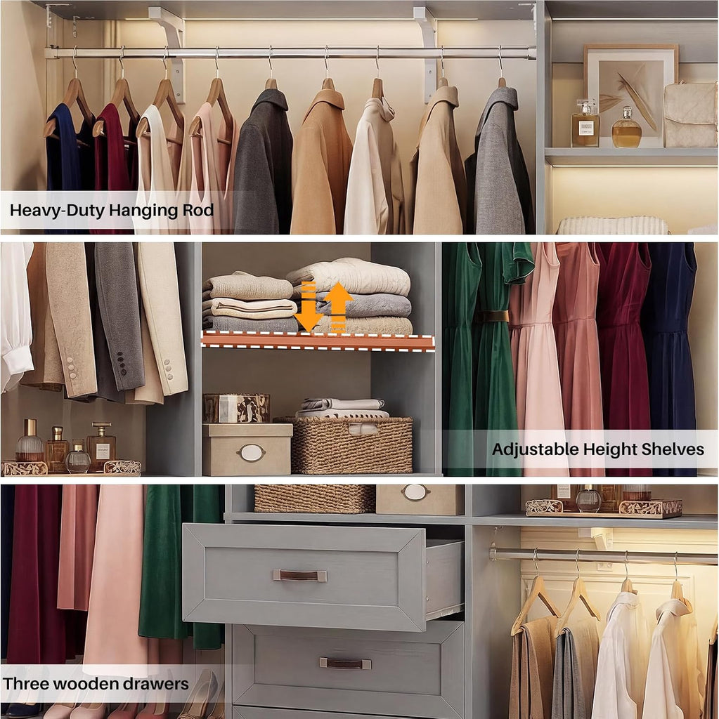 8FT Closet System with 3 Curved Drawers, 96'' Wooden Walk-in Closet Organizer with 3 Top Shelves, Adjustable