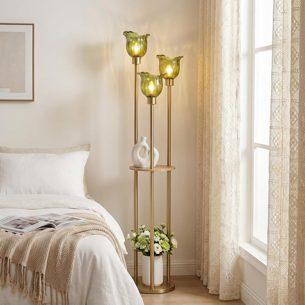Modern Gold Floor Lamp with 3 Crystal Shades and Shelves, 3-Light Standing Lamp with Foot Switch, FWGGEEN02