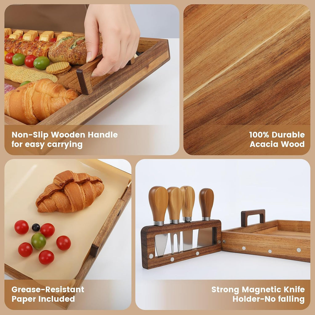 Acacia Wood Large Charcuterie Board 36x12 Inch with Cheese Knife Set | Extra Large Acacia Wood Board with