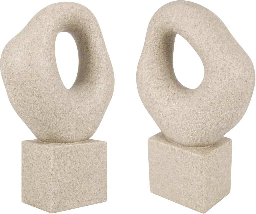 Minimalist Tabletop Decor Shelf Bookshelf Office, 13'' Tall Asymmetrical Organic Form Statue with Cube Base, Sand