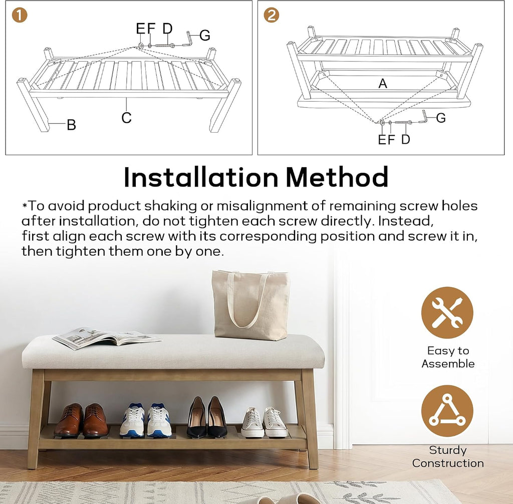 Entryway Bench with Cushion, Upholstered Shoe Rack Bench with Solid Wood Shelf, 44" End of Bed Bench , Chenille