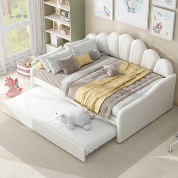 Full Size Daybed with Trundle,Velvet Upholstered Day Bed Frame Full with Shall Shaped Backrest and Wood Slat