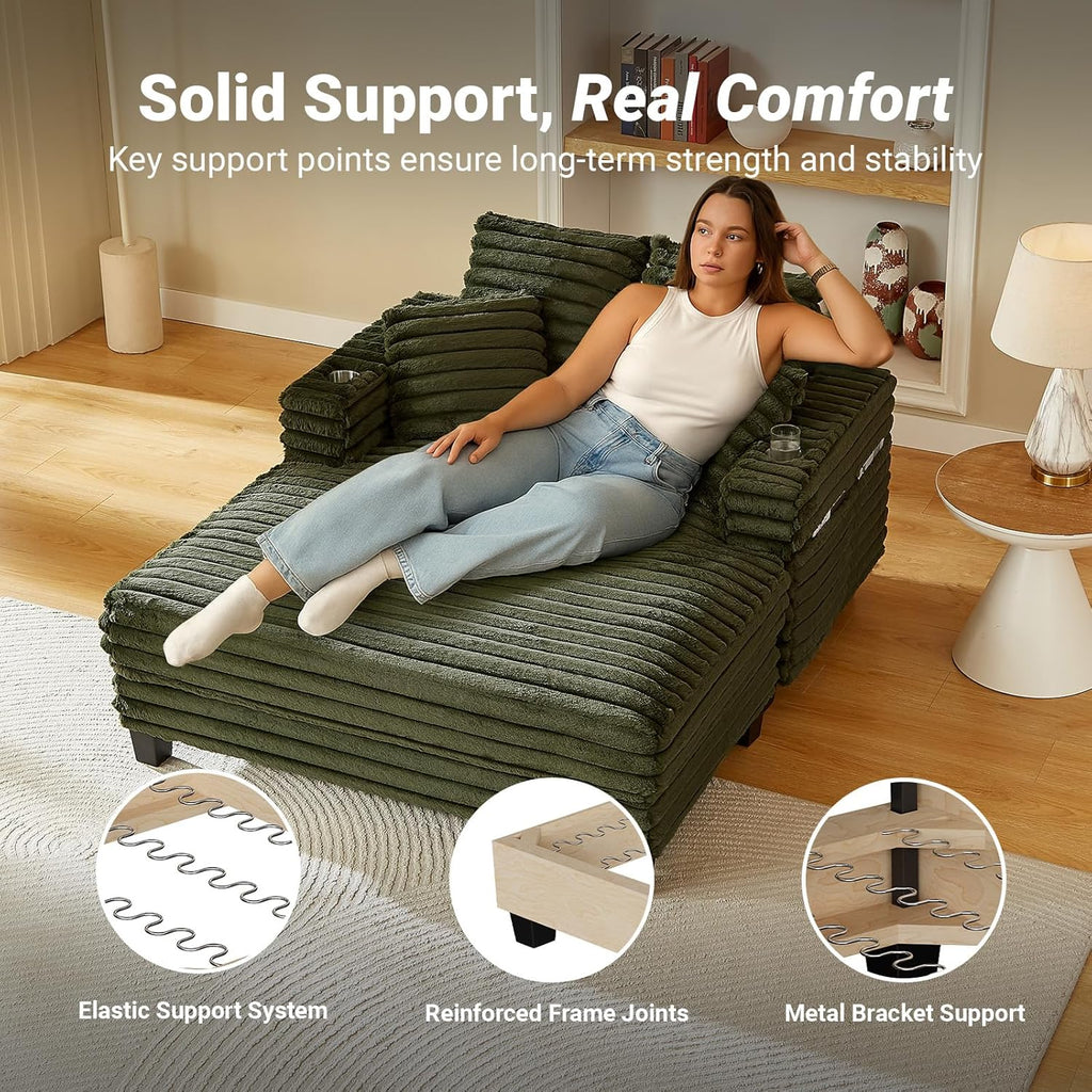 64" Oversized Chaise Lounge Chair with Wood Frame, 2 Cup Holders | 4 Storage Pockets, Plush Corduroy Fabric