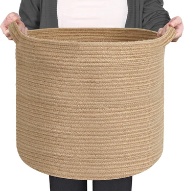 Large Wicker Storage Basket, 16" x 14" Jute Woven Basket with Handle, Living Room Blanket Storage, Big Wicker Laundry