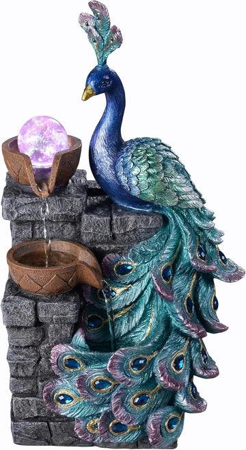 Tabletop Water Fountain Decor, Peacock with LED Glass Color Changing Globe,Relaxation Decorative Desktop Water Zen