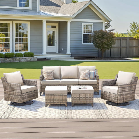 5-Piece Wicker Outdoor Patio Furniture Set - Swivel | Grey All-Weather Resistant for Patio, Garden & Porch