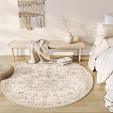 6x6 Washable Neutral Round Rug Beige Vintage Living Room Bedroom Circle Rug Non-Slip Soft Low Pile F