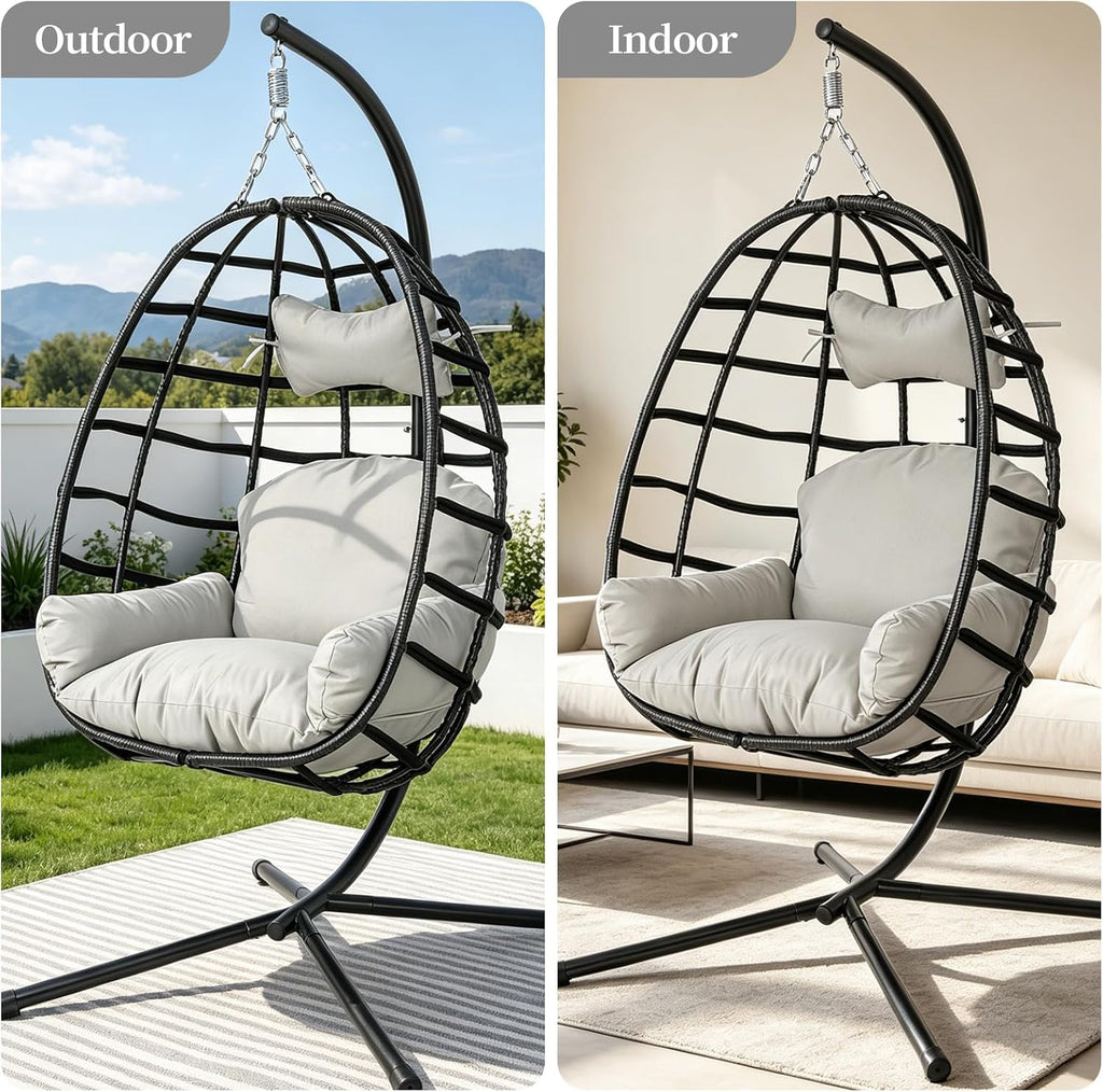 Hanging Egg Chair with Stand, Indoor Outdoor Rattan Wicker Egg Swing Chair with Cushion, Patio Hammock Chair for