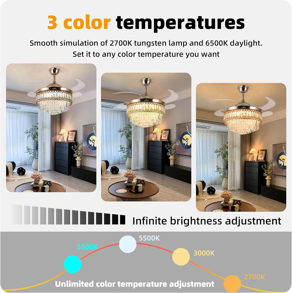 Retractable Crystal Ceiling Fan with Lights and Remote/APP Control, Bluetooth Ceiling Fan with Speaker, 6-Speed