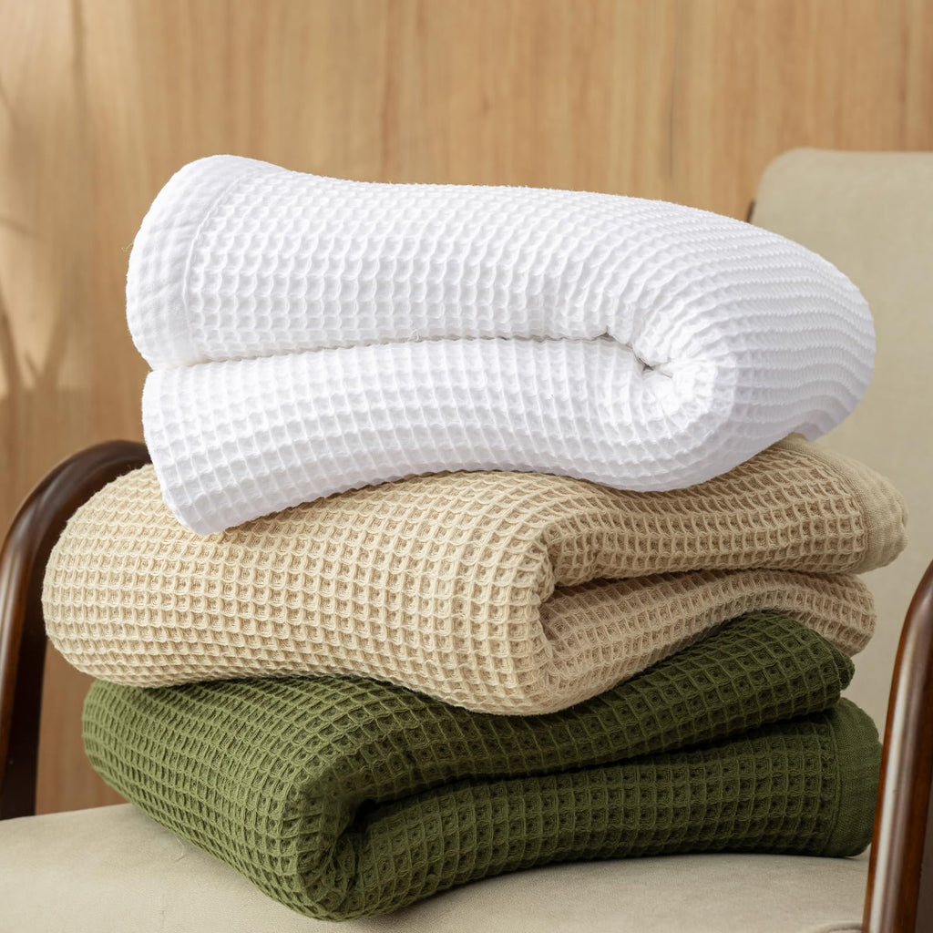 100% Cotton Waffle & Muslin Blanket Queen Size, 90" x 90", White
