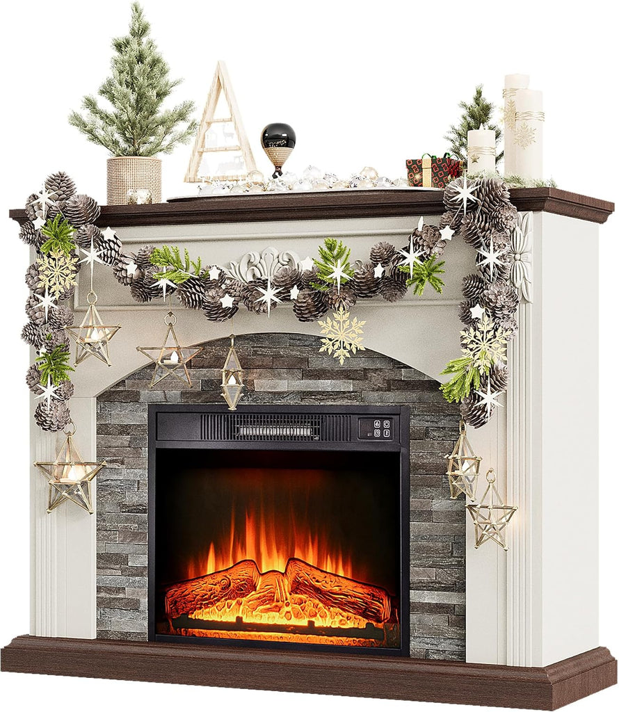 44Inch Electric Fireplace with Mantel, with Stacked Stone Surround, Freestanding Fireplace Heater with LED
