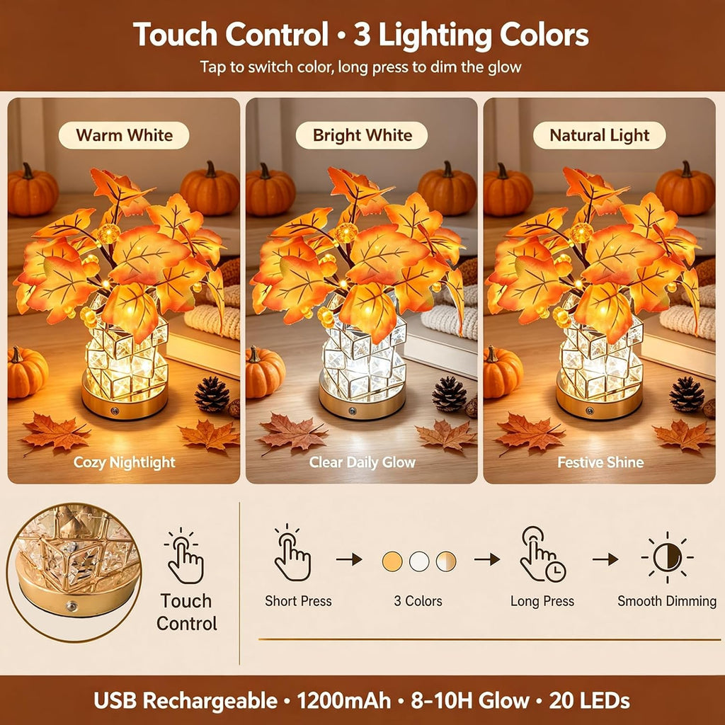 Crystal Cube LED Maple Leaf & Pumpkin Fall Centerpiece Lamp Desk Home