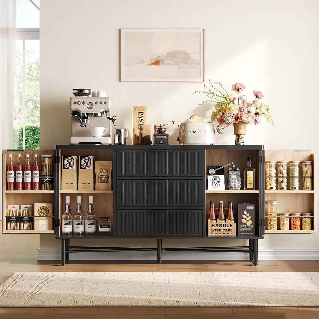 Kitchen Buffet Cabinet with Dual Door Shelves & 3 Drawers, Fluted Sideboard | Large Credenza Storage Cabinets Wood