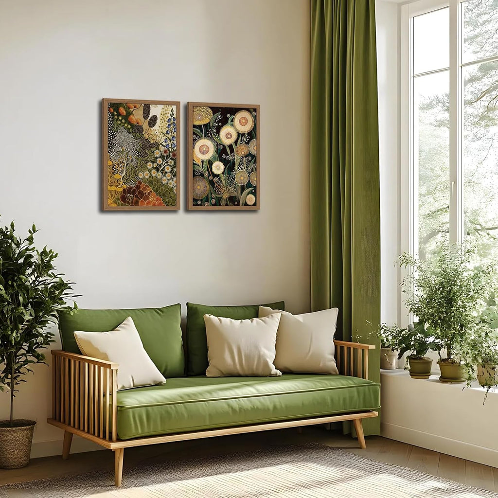 Dandelion Wall Art,(2 Pieces) Boho Botanical Floral Canvas Prints, Framed Vintage Plant Art Decor, Ready to Hang Wall