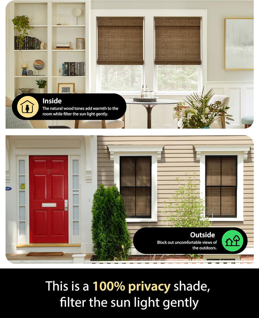 Cordless Bamboo Roman Shades, in, Highfield Teak| Wide Bamboo Strip Weaving Technique, High light-blocking