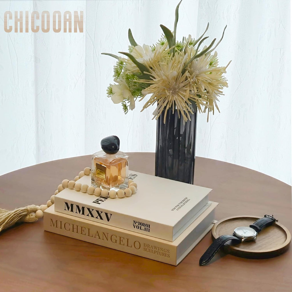4-in-1 Decorative Books Set, Coffee Table Books Decor, 2 Linen Fake Book Boxes with Wood Tray, Bead Garland for