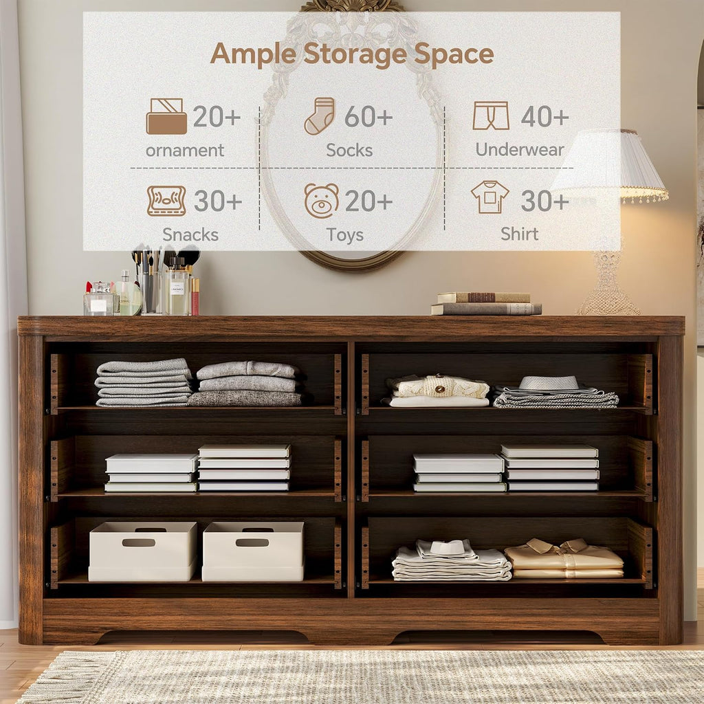 Fluted 6 Drawer Dresser,Farmhouse Wood Dresser | TV Stand,Thickened Curved Profile Design,Bedroom,Entryway,Wood