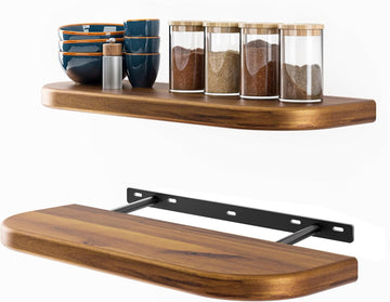 17" Acacia Wood Floating Shelves Wall Mounted (Round Edge) - Rustic Farmhouse Wooden Wall Storage Shelf - Brackets