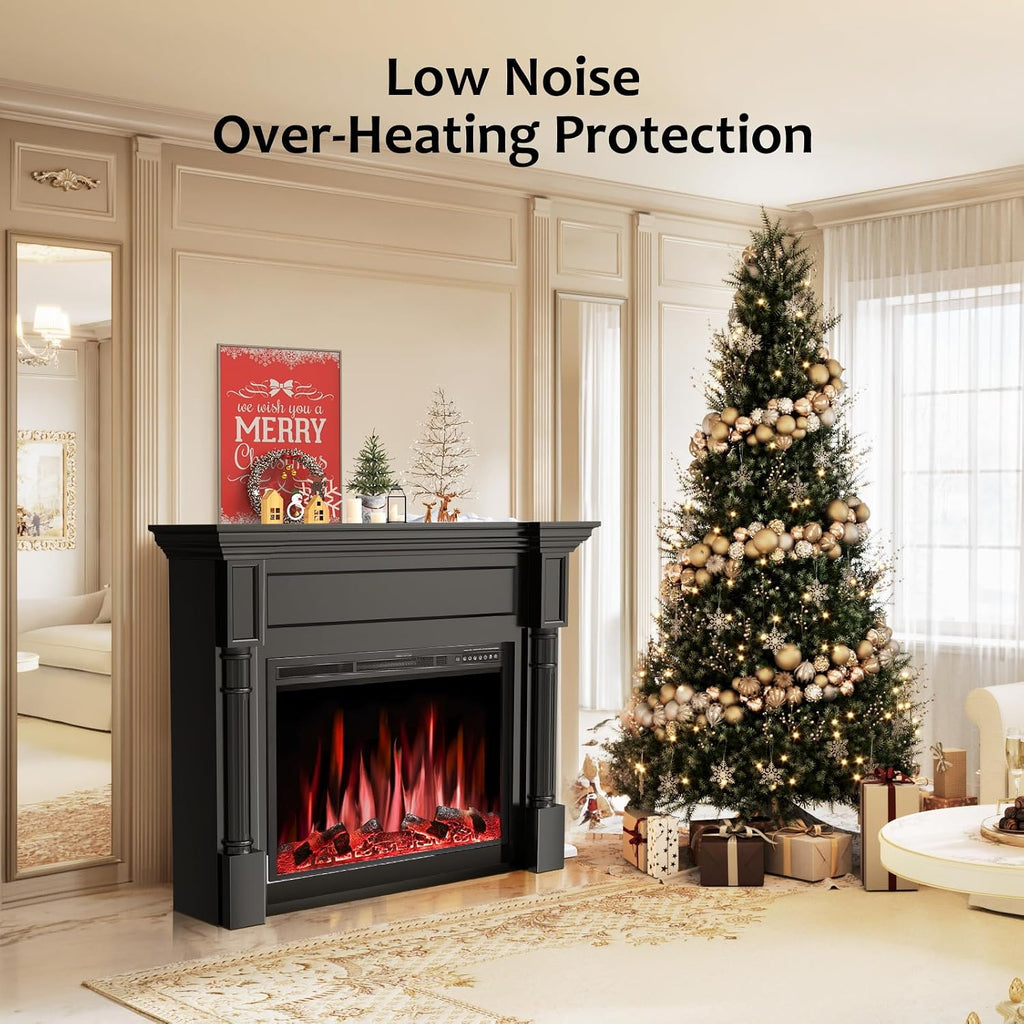 55" Freestanding Electric Fireplace, Fireplace TV Stand Wooden Mantel with Remote Control, 4 Flame Colors & 12 Ember