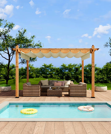 10 x 13 ft Wood-Grain Aluminum Pergola Outdoor Pergola with Retractable Canopy Sun Shade Shelter for Garden