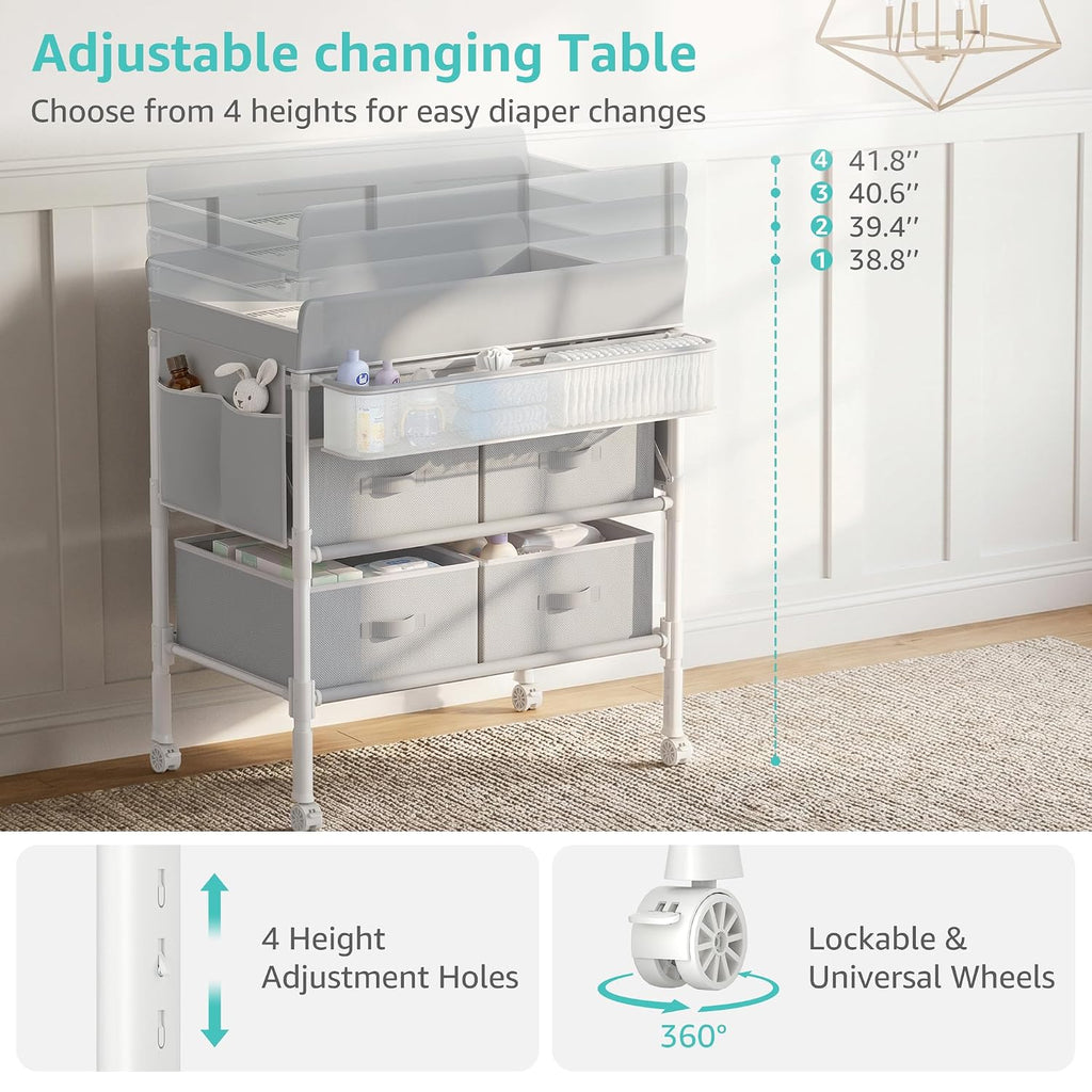 Baby Changing Table with 4 Drawers, Waterproof Diaper Changing Station with Storage, Adjustable Height Baby Changing