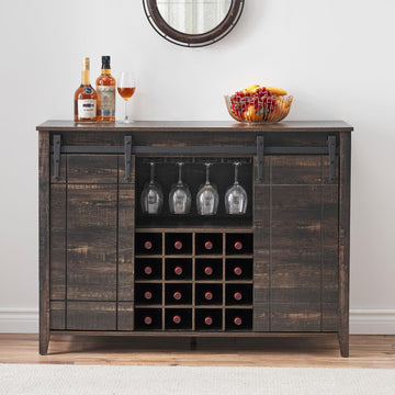 Farmhouse Wine Bar Cabinet, 47" Sliding Barn Door Buffet Sideboard