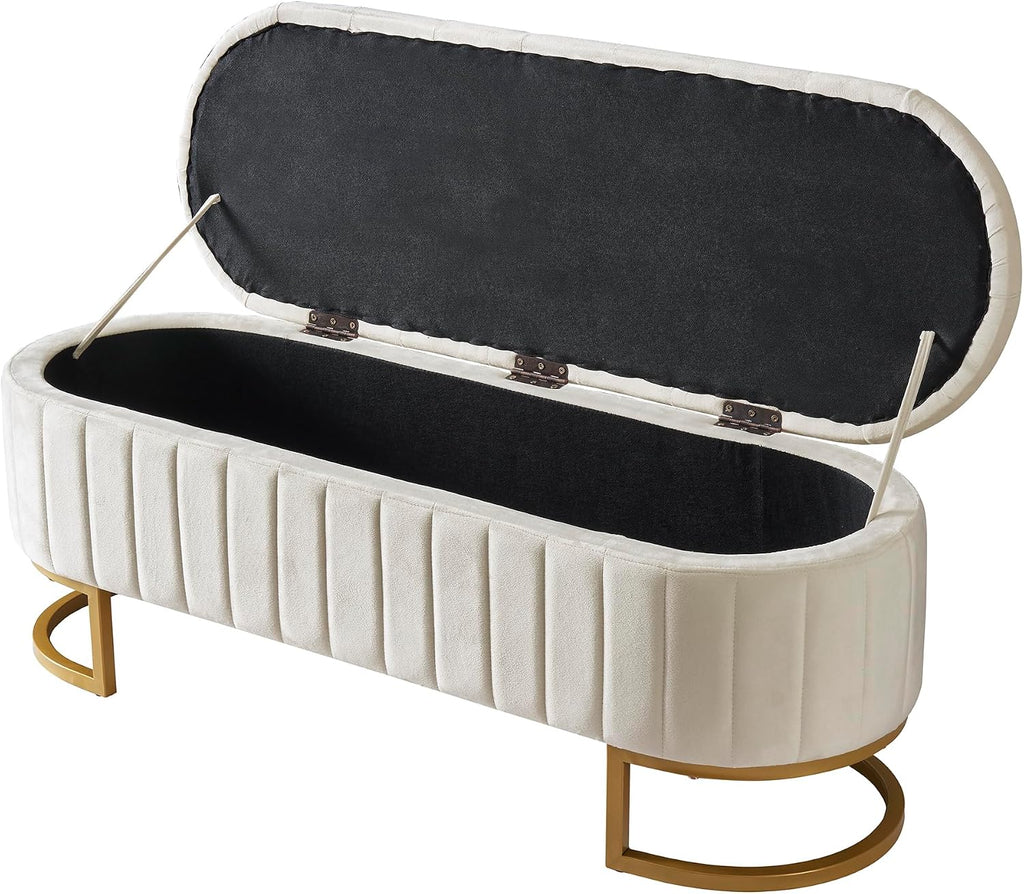 Elegant Upholstered Velvet Storage Ottoman with Button-Tufted,Storage Bench with Metal Legs ,Fully Assembled Except