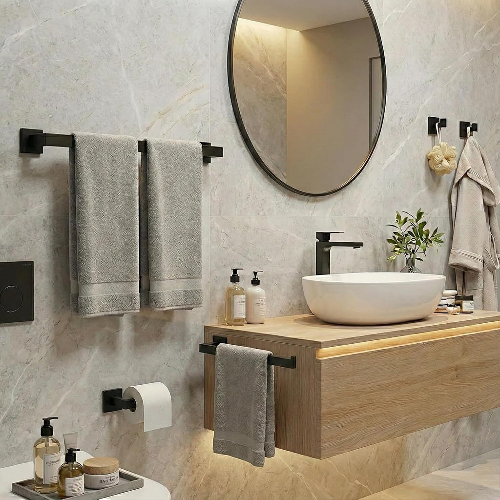 Matte Black Bathroom Hardware Set 5-Piece, Modern Square SUS304 Stainless Steel Bath Accessory Kit with 23.6" Towel