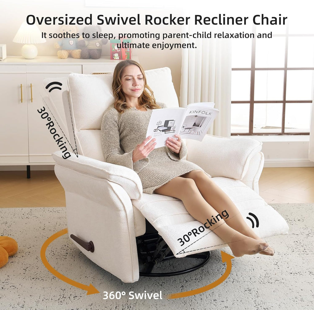 Oversized Recliner Chair, 24" Extra Wide 360° Swivel Rocker Recliner with Adjustable Headrest, Chenille Glider