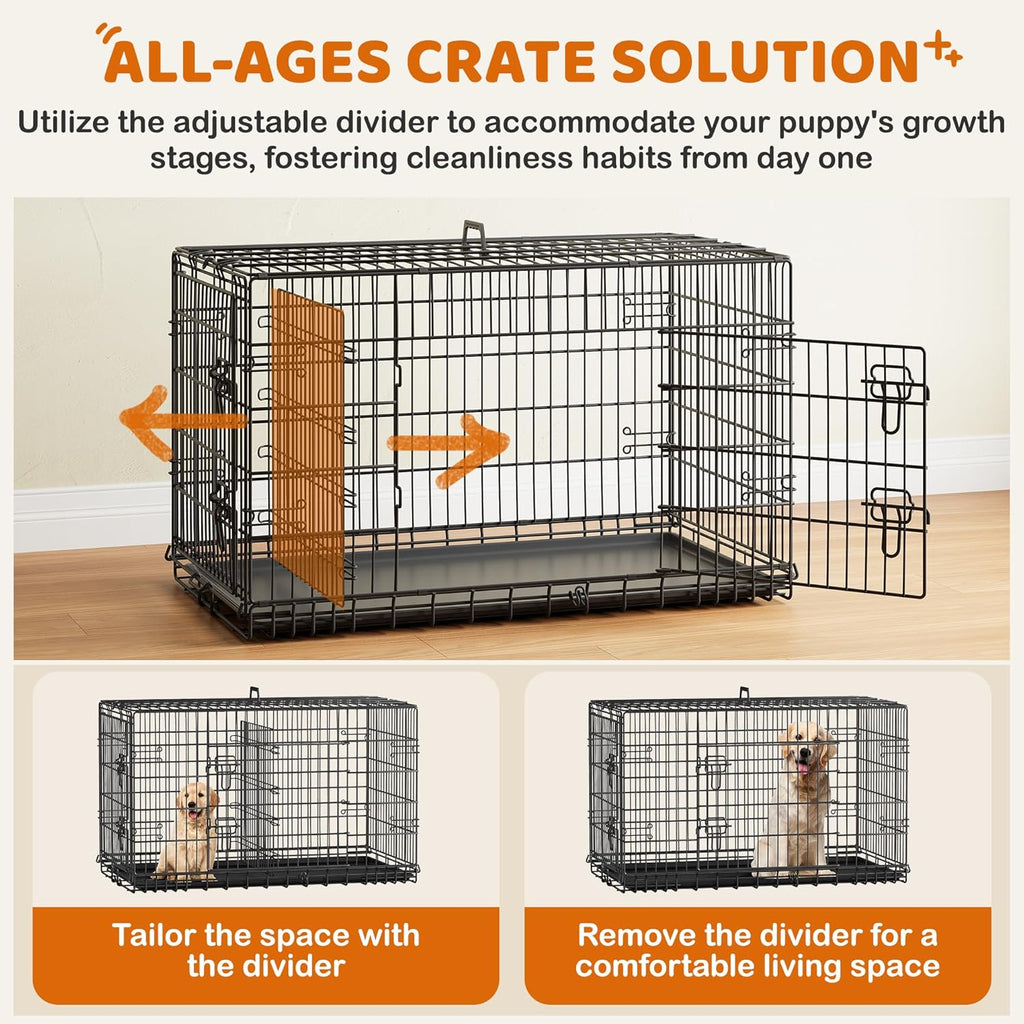 42 inch Double Door Dog Crate w/Divider for Puppy to Adult XL Collapsible Metal Crate with Removable Tray Wire Dog