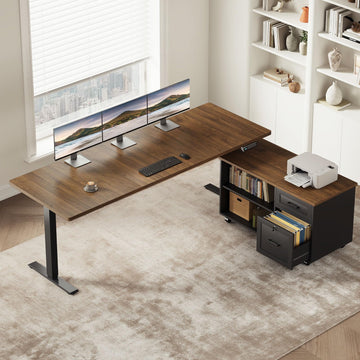 63" L Shaped Electric Standing Desk with Cabinet Sets, Walnut/Black
