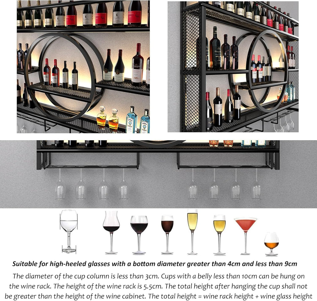 Wine Rack Wall Mounted with LED Light,Bar Liquor Shelf,Black,100*80*15 | Metal,3-Tier,Wine Glass Holder,Modern,Home